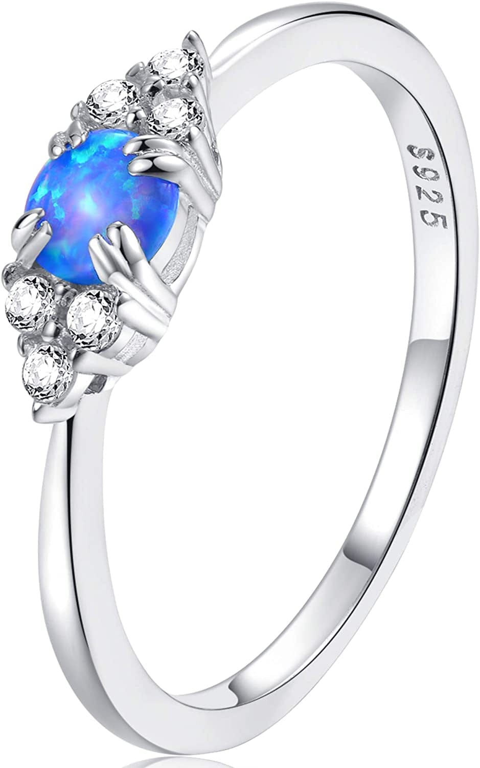 Sterling Silver Halo Opal Stacking Ring Simple Dainty Gold Ring Opal Ring Birthstone Ring Blue Opal - White Gold Plating / 9