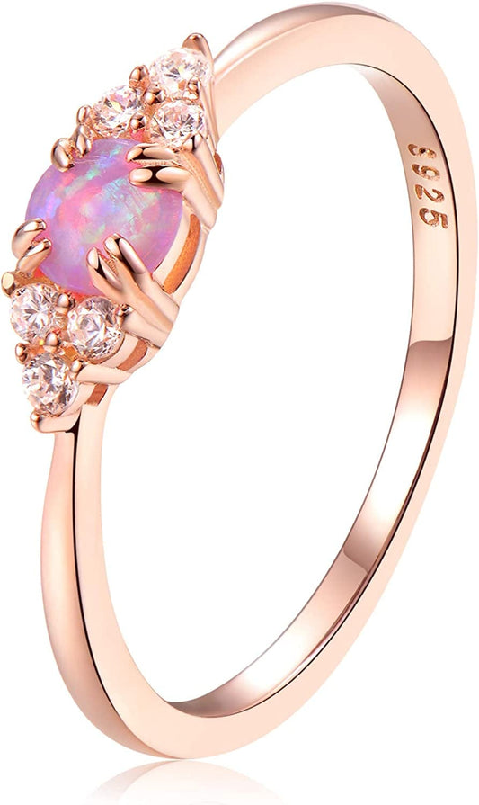 Sterling Silver Halo Opal Stacking Ring Simple Dainty Gold Ring Opal Ring Birthstone Ring Pink Opal - 18K Rose Gold Plating / 5
