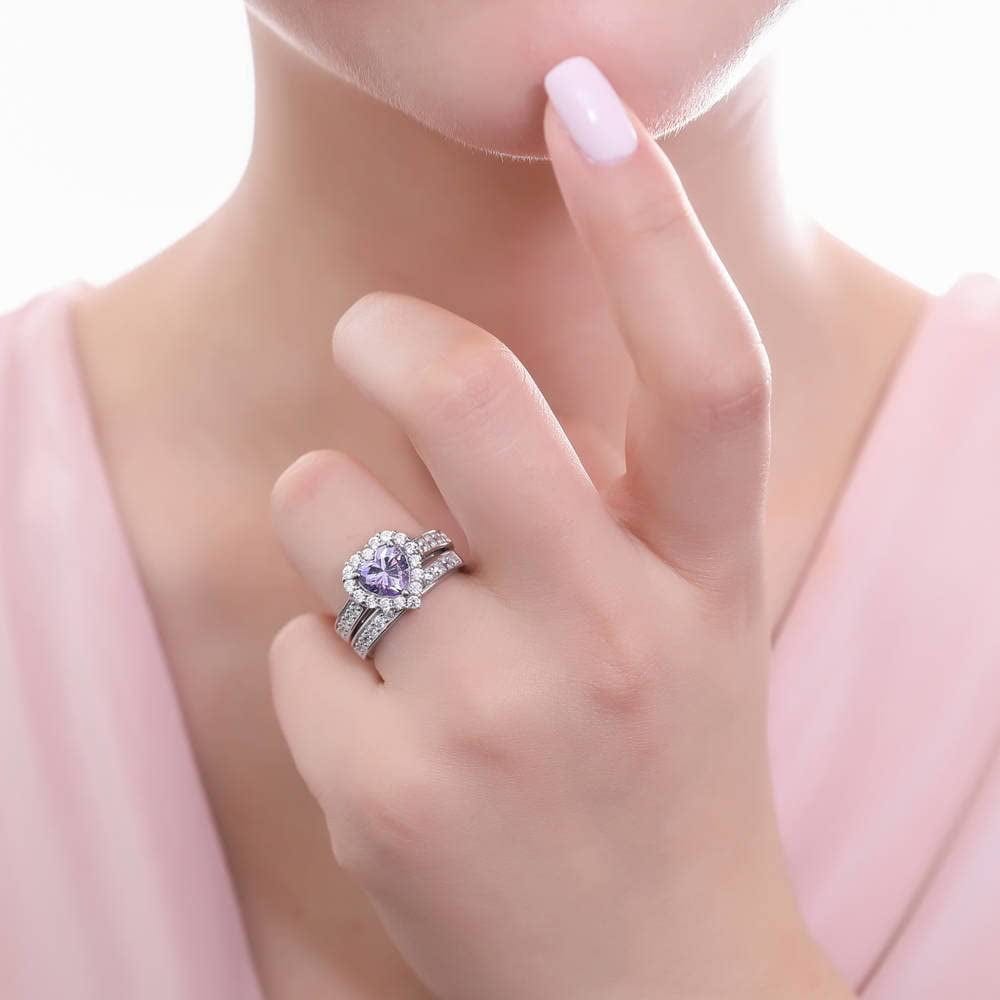 Sterling Silver Halo Wedding Engagement Rings Purple Heart Cubic Zirconia CZ Statement Ring Set for Women, Rhodium Plated Size 4-10