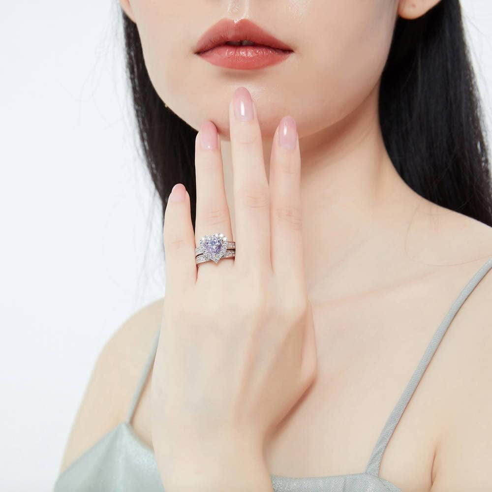 Sterling Silver Halo Wedding Engagement Rings Purple Heart Cubic Zirconia CZ Statement Ring Set for Women, Rhodium Plated Size 4-10