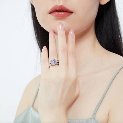 Sterling Silver Halo Wedding Engagement Rings Purple Heart Cubic Zirconia CZ Statement Ring Set for Women, Rhodium Plated Size 4-10