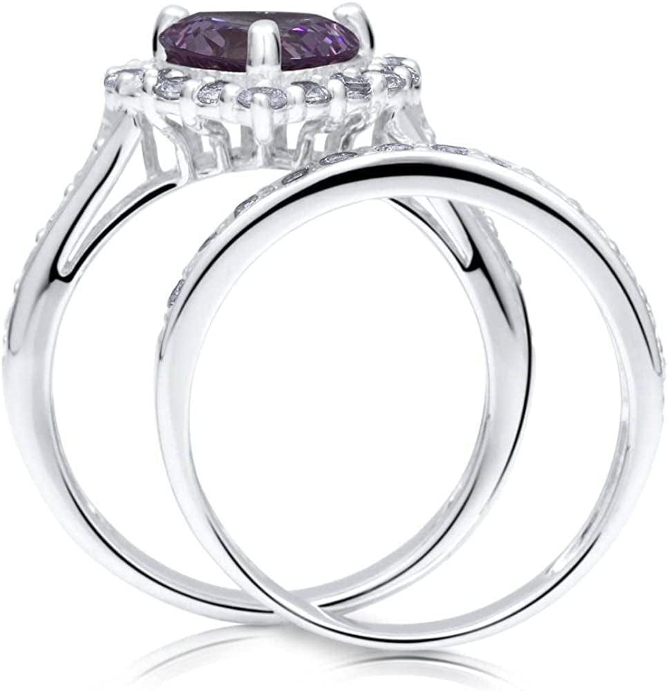 Sterling Silver Halo Wedding Engagement Rings Purple Heart Cubic Zirconia CZ Statement Ring Set for Women, Rhodium Plated Size 4-10