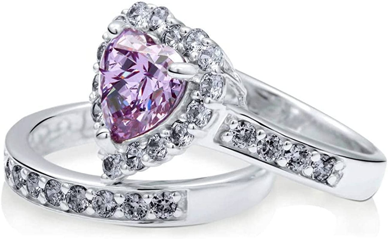 Sterling Silver Halo Wedding Engagement Rings Purple Heart Cubic Zirconia CZ Statement Ring Set for Women, Rhodium Plated Size 4-10