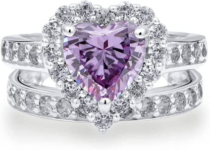 Sterling Silver Halo Wedding Engagement Rings Purple Heart Cubic Zirconia CZ Statement Ring Set for Women, Rhodium Plated Size 4-10