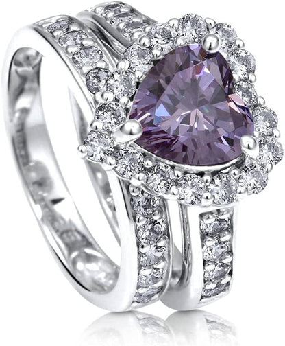 Sterling Silver Halo Wedding Engagement Rings Purple Heart Cubic Zirconia CZ Statement Ring Set for Women, Rhodium Plated Size 4-10 5