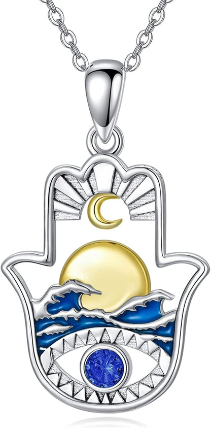 Sterling Silver Hamsa Fatima Necklace Elephant Necklace Blue Eye Pendant Jewelry for Men Women Girls Boy sun and moon necklace