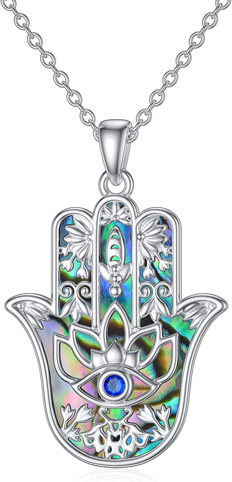 Sterling Silver Hamsa Fatima Necklace Elephant Necklace Blue Eye Pendant Jewelry for Men Women Girls Boy Abalone Shell Hamsa Necklace