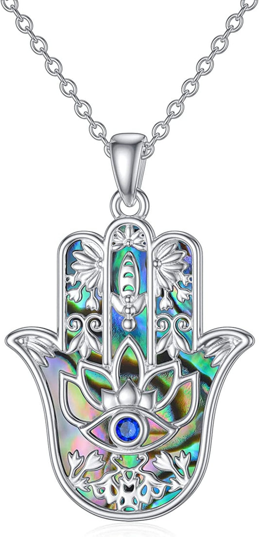 Sterling Silver Hamsa Fatima Necklace Elephant Necklace Blue Eye Pendant Jewelry for Men Women Girls Boy Abalone Shell Hamsa Necklace