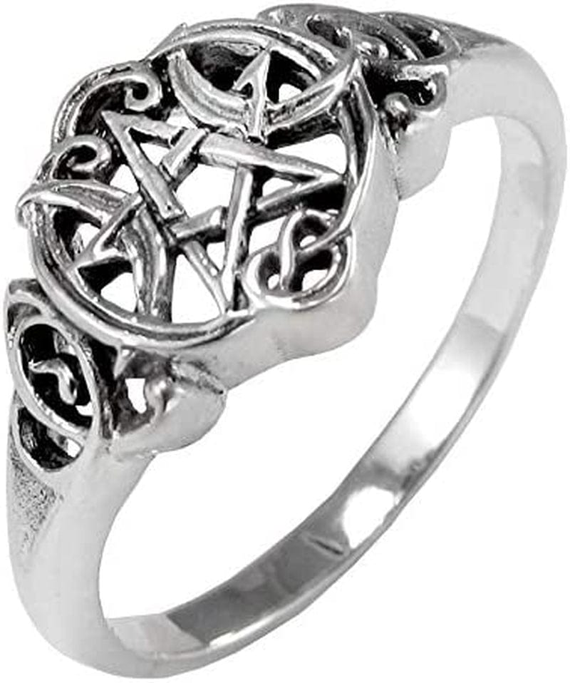 Sterling Silver Heart Pentacle Wiccan Pentagram Ring (Size 4-15)