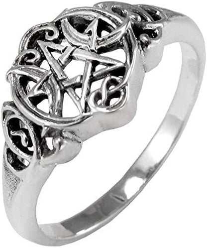 Sterling Silver Heart Pentacle Wiccan Pentagram Ring (Size 4-15)