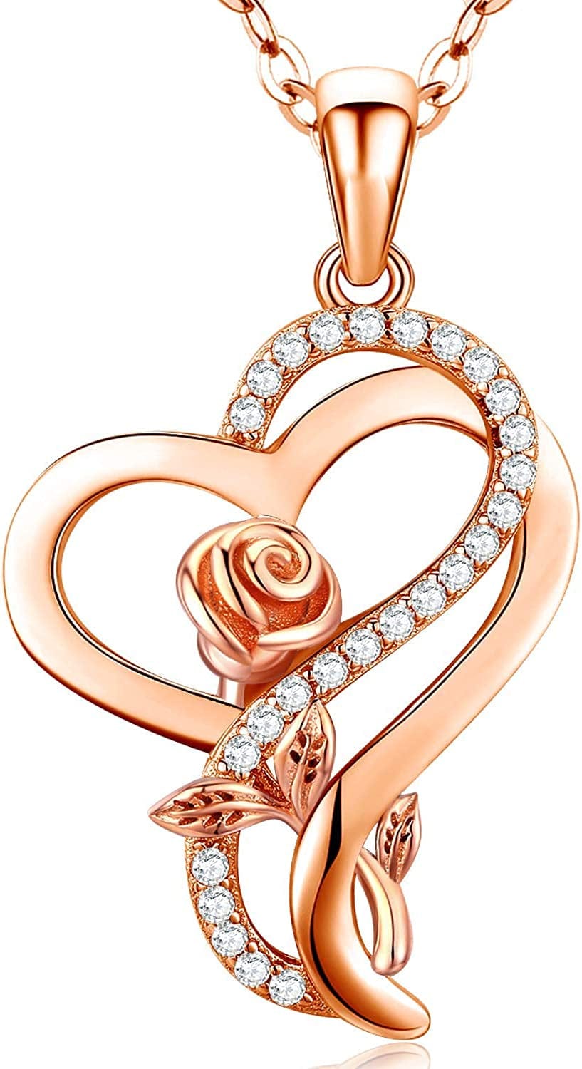Sterling Silver Heart Rose Necklaces for Women,Birthday Christmas Jewelry Gifts for Her Girlfriend Wife Mom A-Two-Tone3
