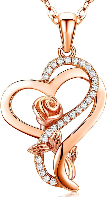 Sterling Silver Heart Rose Necklaces for Women,Birthday Christmas Jewelry Gifts for Her Girlfriend Wife Mom A-Two-Tone3