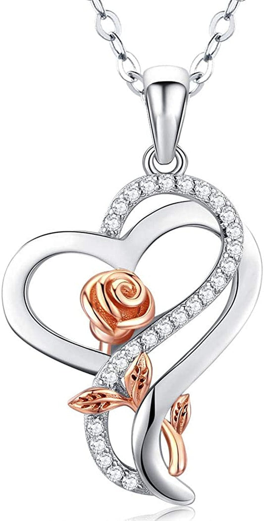 Sterling Silver Heart Rose Necklaces for Women,Birthday Christmas Jewelry Gifts for Her Girlfriend Wife Mom A-Two-Tone1