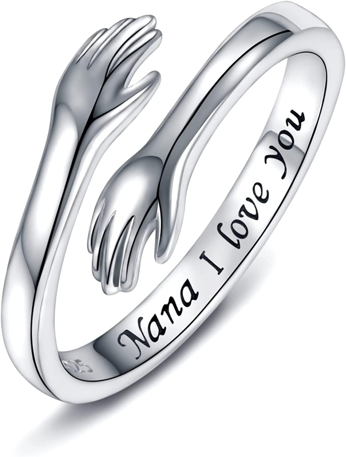 Sterling Silver Hug Ring for Women - I Love You Forever Mother Daughter Gift Sister Gifts Grandmother Gifts Engraved Words Hugging Hands Open Ring Jewelry Gift Nana I love you