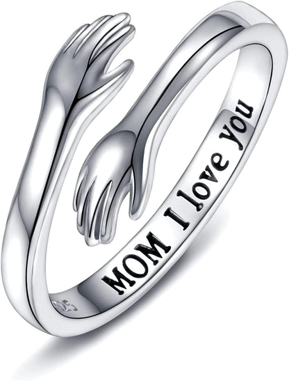 Sterling Silver Hug Ring for Women - I Love You Forever Mother Daughter Gift Sister Gifts Grandmother Gifts Engraved Words Hugging Hands Open Ring Jewelry Gift I Love You MOM