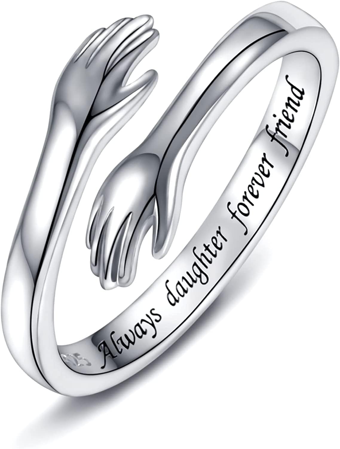 Sterling Silver Hug Ring for Women - I Love You Forever Mother Daughter Gift Sister Gifts Grandmother Gifts Engraved Words Hugging Hands Open Ring Jewelry Gift Daughter gift