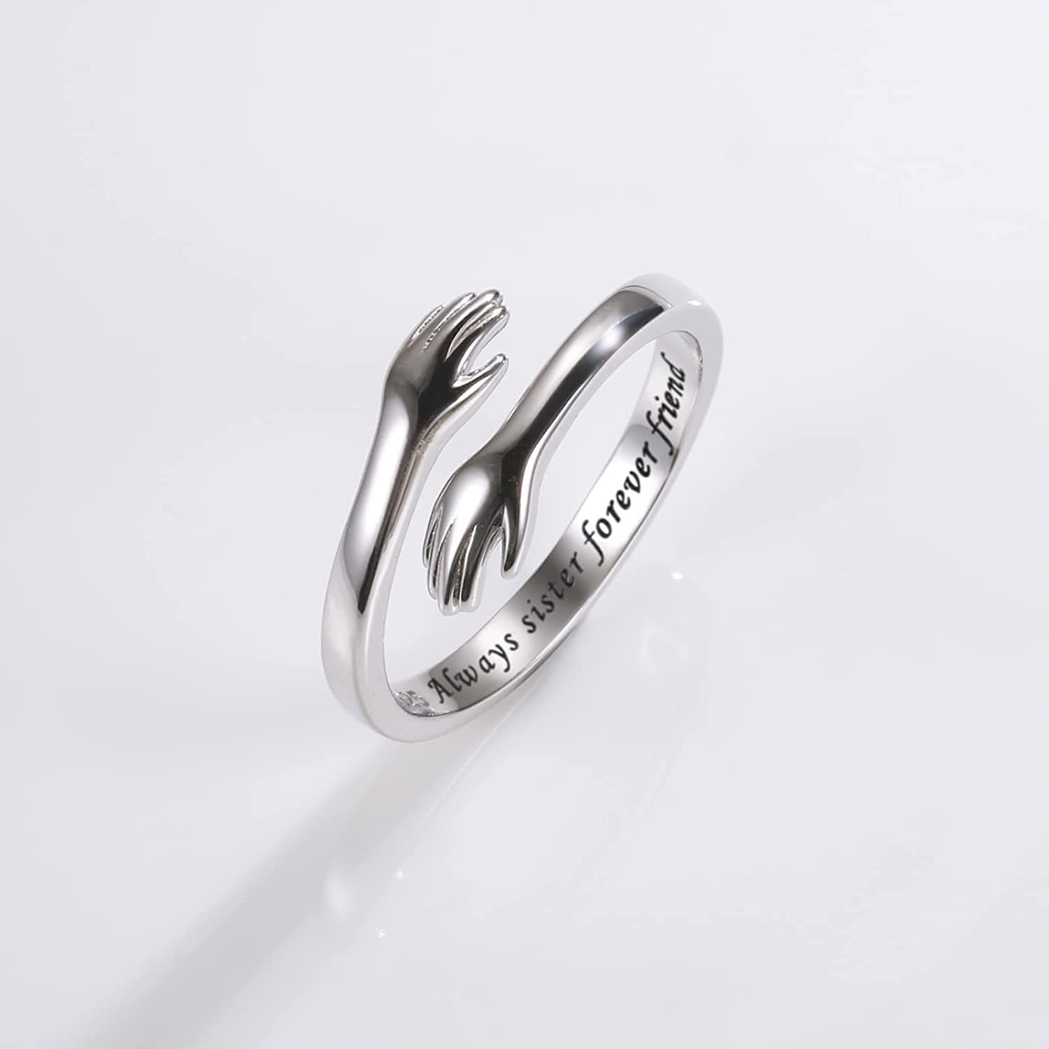 Sterling Silver Hug Ring for Women - I Love You Forever Mother Daughter Gift Sister Gifts Grandmother Gifts Engraved Words Hugging Hands Open Ring Jewelry Gift