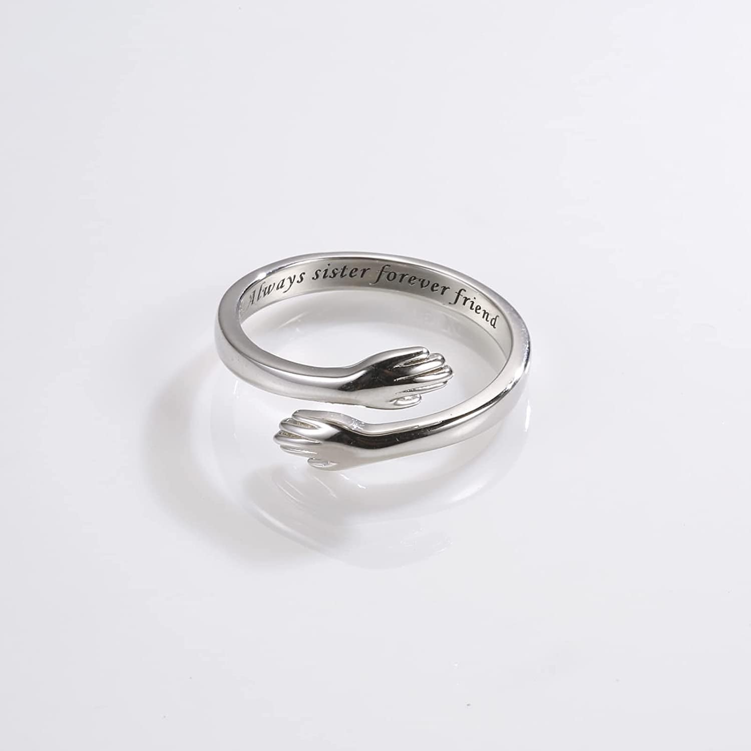 Sterling Silver Hug Ring for Women - I Love You Forever Mother Daughter Gift Sister Gifts Grandmother Gifts Engraved Words Hugging Hands Open Ring Jewelry Gift