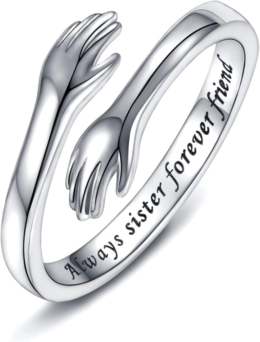 Sterling Silver Hug Ring for Women - I Love You Forever Mother Daughter Gift Sister Gifts Grandmother Gifts Engraved Words Hugging Hands Open Ring Jewelry Gift Sister Gift