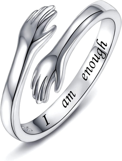 Sterling Silver Hug Ring for Women - Inspirational You Are Enough Keep Going Adjustable Open Wrap Ring Graduation Jewelry Gift for Teens Girls Graduates I am Enough