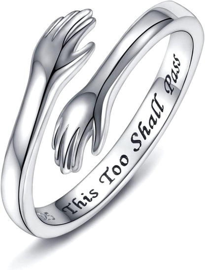 Sterling Silver Hug Ring for Women - Inspirational You Are Enough Keep Going Adjustable Open Wrap Ring Graduation Jewelry Gift for Teens Girls Graduates This too shall pass