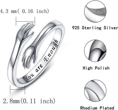 Sterling Silver Hug Ring for Women - Inspirational You Are Enough Keep Going Adjustable Open Wrap Ring Graduation Jewelry Gift for Teens Girls Graduates