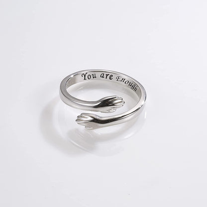 Sterling Silver Hug Ring for Women - Inspirational You Are Enough Keep Going Adjustable Open Wrap Ring Graduation Jewelry Gift for Teens Girls Graduates