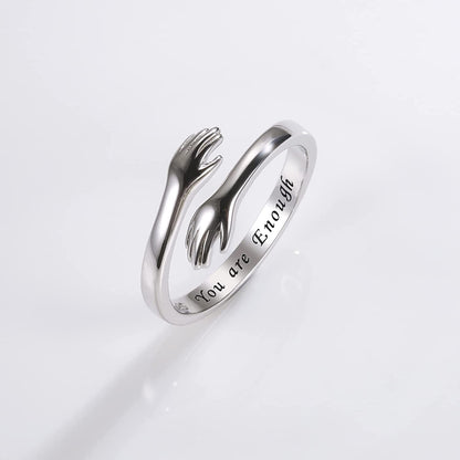 Sterling Silver Hug Ring for Women - Inspirational You Are Enough Keep Going Adjustable Open Wrap Ring Graduation Jewelry Gift for Teens Girls Graduates