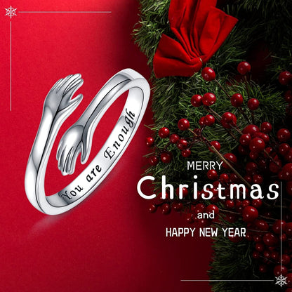 Sterling Silver Hug Ring for Women - Inspirational You Are Enough Keep Going Adjustable Open Wrap Ring Graduation Jewelry Gift for Teens Girls Graduates