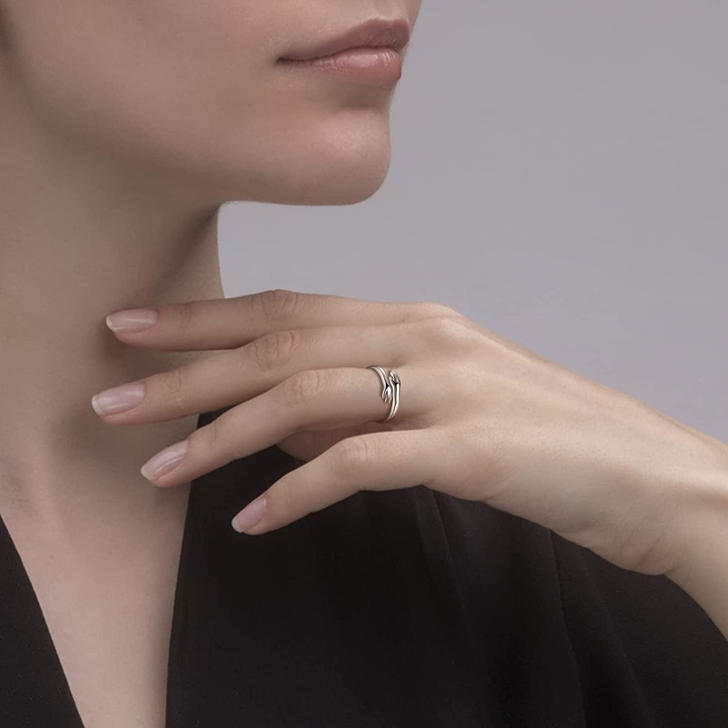 Sterling Silver Hug Ring for Women - Inspirational You Are Enough Keep Going Adjustable Open Wrap Ring Graduation Jewelry Gift for Teens Girls Graduates
