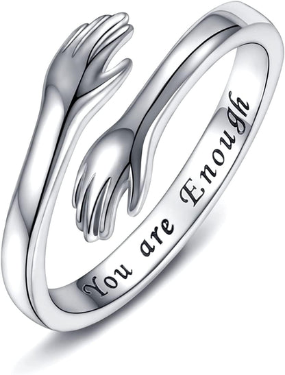 Sterling Silver Hug Ring for Women - Inspirational You Are Enough Keep Going Adjustable Open Wrap Ring Graduation Jewelry Gift for Teens Girls Graduates You Are Enough