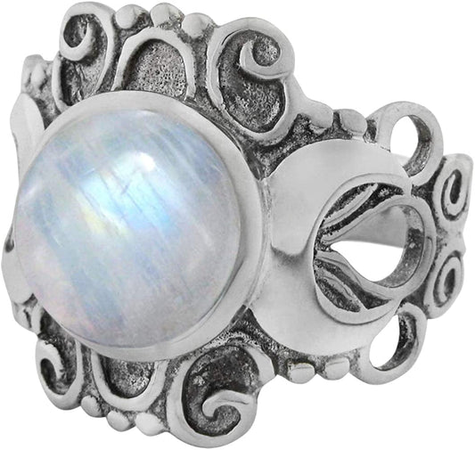 Sterling Silver Large Moonstone Victorian Triple Moon Goddess Ring (Sizes 4-15) 15