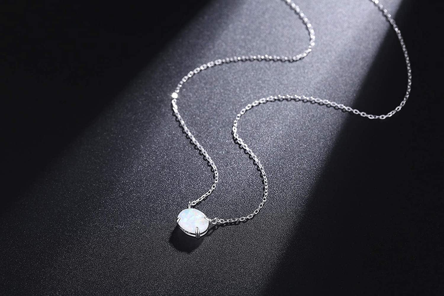 Sterling Silver Opal Necklace, 925 Sterling Silver, Small Dainty Oval Opal Jewelry for Women, Gemstone Necklaces, Womens Jewelry, Simple Rose Gold Necklaces for Women
