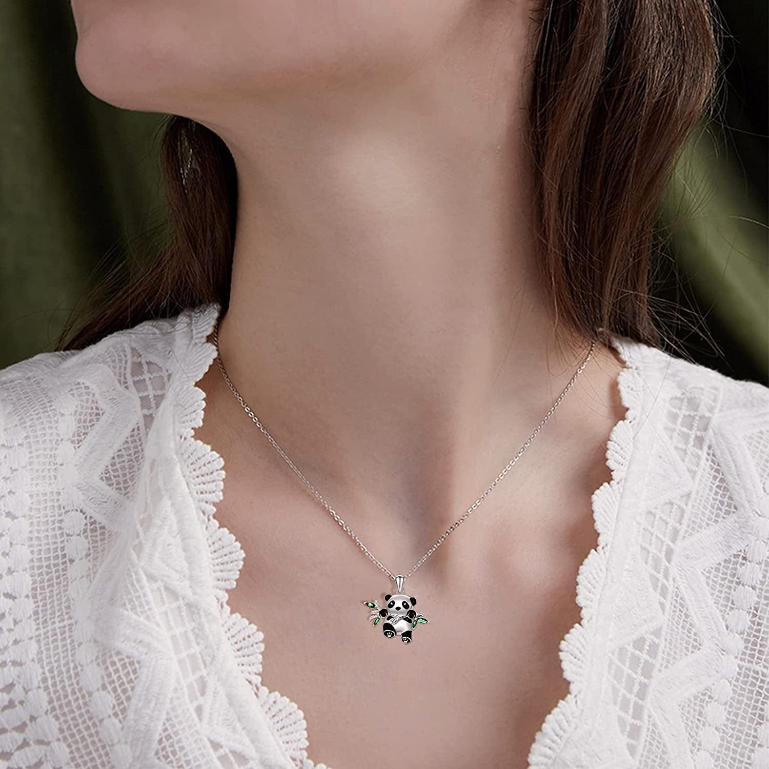 Sterling Silver Panda Necklace Lovely Panda Bamboo Pendant Heart Engraved Pendant Necklace Mother Panda Jewelry Gifts for Women Daughter Panda Lover
