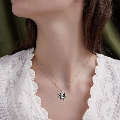 Sterling Silver Panda Necklace Lovely Panda Bamboo Pendant Heart Engraved Pendant Necklace Mother Panda Jewelry Gifts for Women Daughter Panda Lover