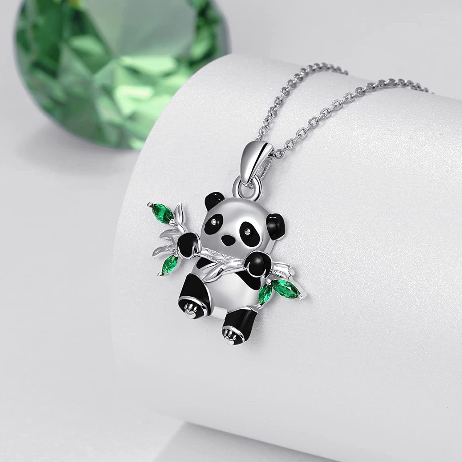 Sterling Silver Panda Necklace Lovely Panda Bamboo Pendant Heart Engraved Pendant Necklace Mother Panda Jewelry Gifts for Women Daughter Panda Lover