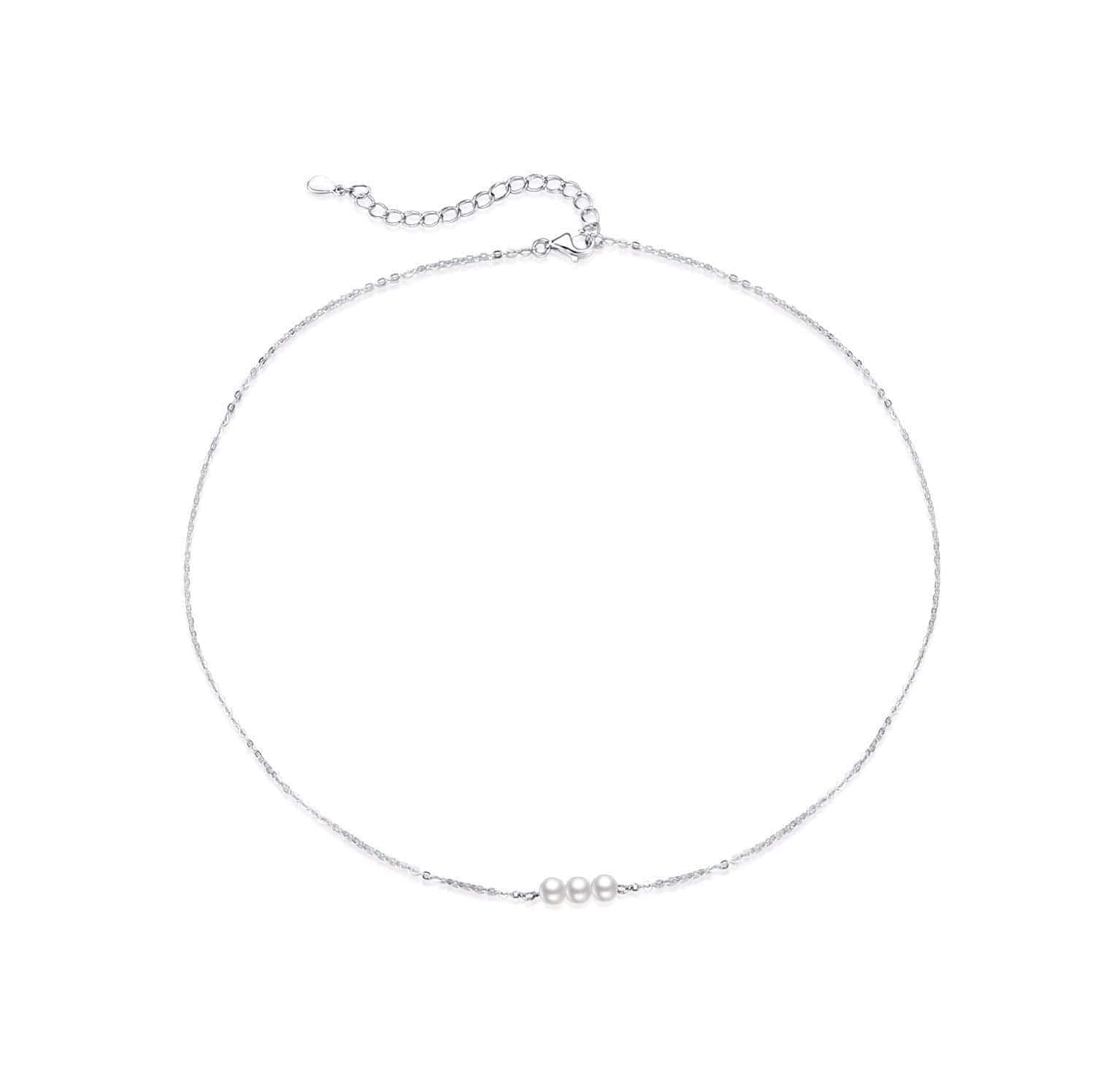 Sterling Silver Pearl Choker Necklace, Handmade with 3 Dainty Real Freshwater Pearl for Women or Girl (Silver)