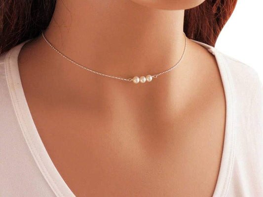 Sterling Silver Pearl Choker Necklace, Handmade with 3 Dainty Real Freshwater Pearl for Women or Girl (Silver)