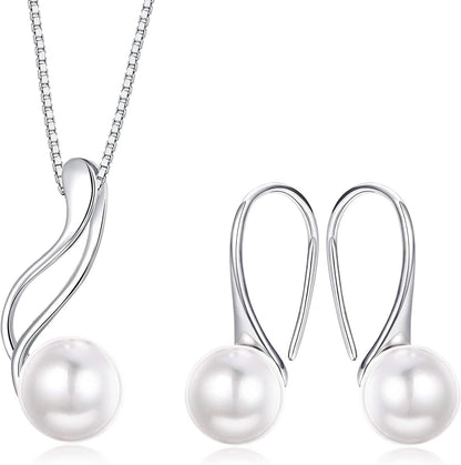 Sterling Silver Pearl Jewelry Set 18K Gold Plated Genuine Freshwater Cultured Pearl Jewelry Pendant Necklace Pearl Earrings for Women Girls White Pearl Set
