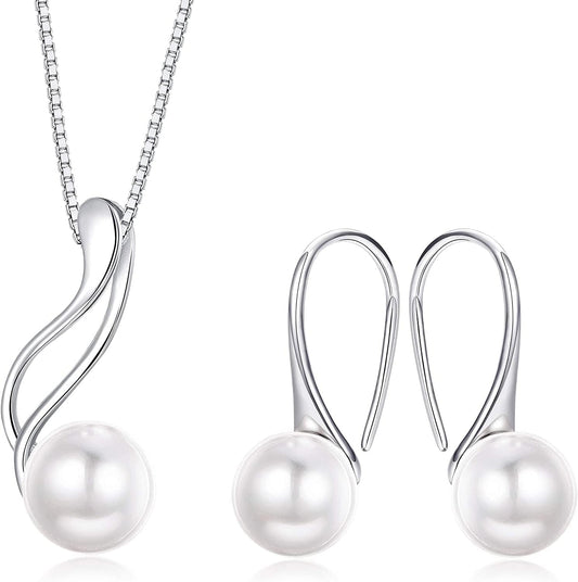 Sterling Silver Pearl Jewelry Set 18K Gold Plated Genuine Freshwater Cultured Pearl Jewelry Pendant Necklace Pearl Earrings for Women Girls White Pearl Set