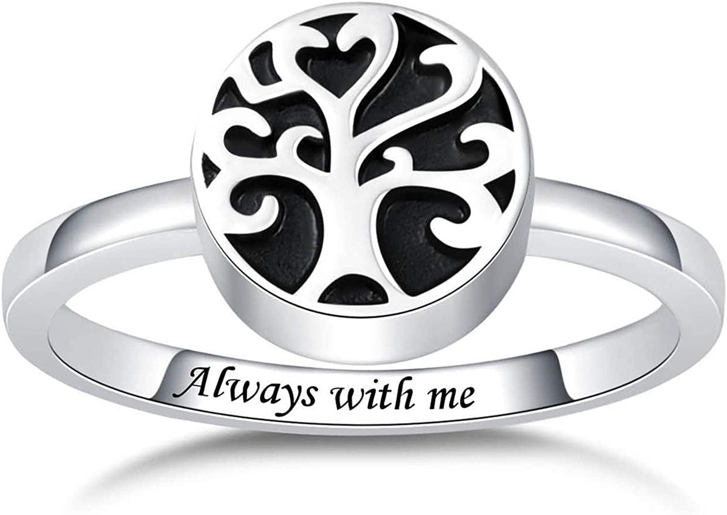Sterling Silver Rose Flower / Angel Wings / Tree of Life Urn Ring Hold Loved Ones Ashes Always in My Heart Keepsake Memorial Jewelry Cremation Rings for Women Tree Of Life Urn Ring / 10