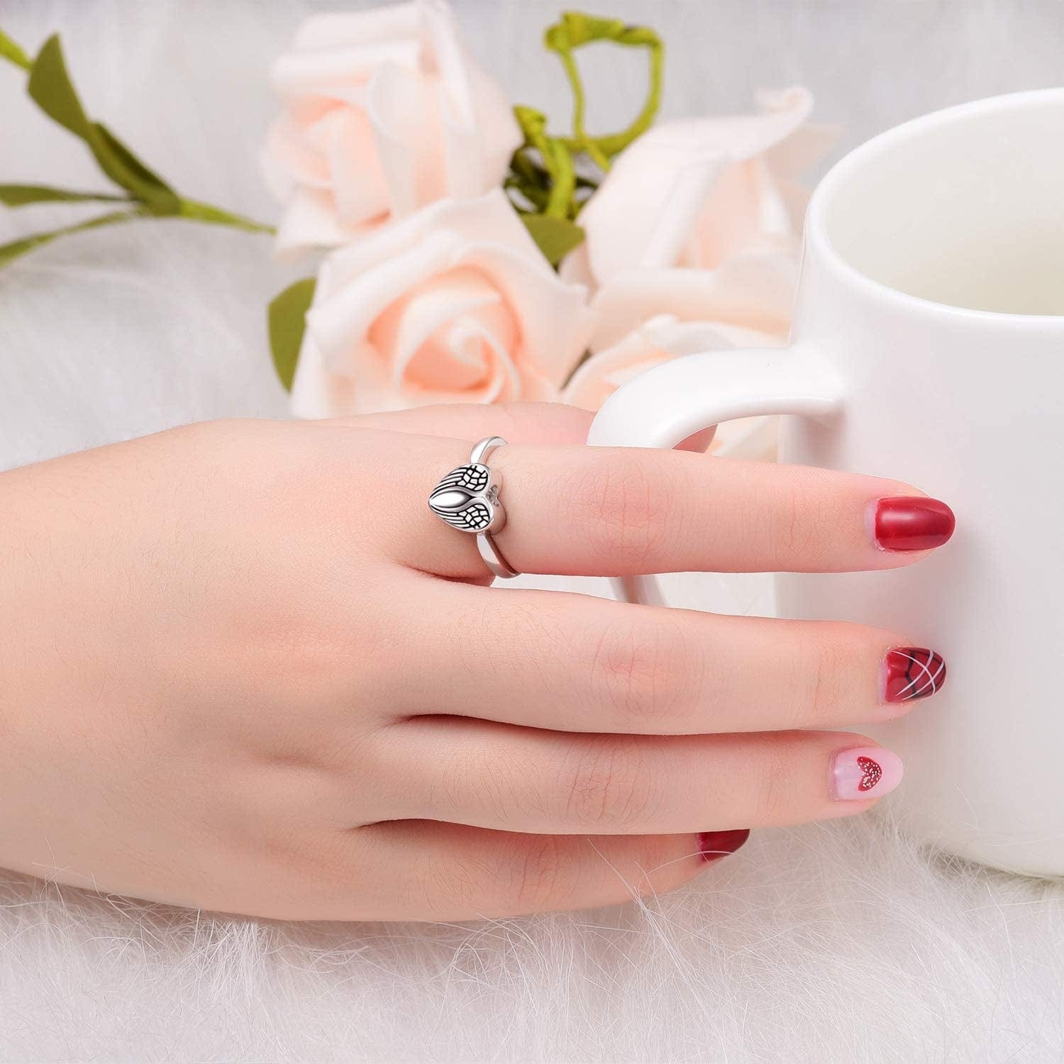 Sterling Silver Rose Flower / Angel Wings / Tree of Life Urn Ring Hold Loved Ones Ashes Always in My Heart Keepsake Memorial Jewelry Cremation Rings for Women