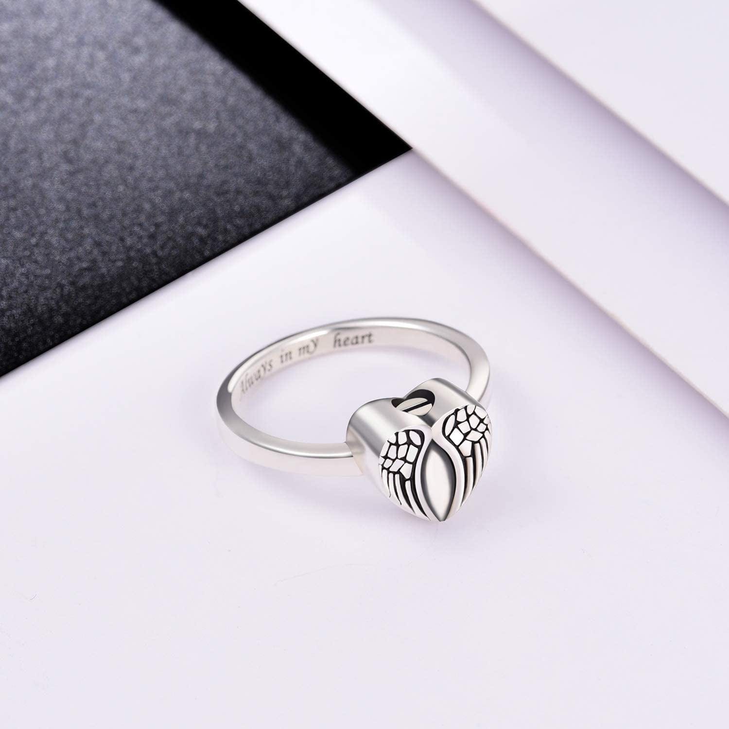Sterling Silver Rose Flower / Angel Wings / Tree of Life Urn Ring Hold Loved Ones Ashes Always in My Heart Keepsake Memorial Jewelry Cremation Rings for Women