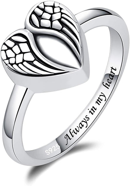 Sterling Silver Rose Flower / Angel Wings / Tree of Life Urn Ring Hold Loved Ones Ashes Always in My Heart Keepsake Memorial Jewelry Cremation Rings for Women Angel Wings Urn Ring / 9