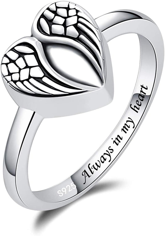 Sterling Silver Rose Flower / Angel Wings / Tree of Life Urn Ring Hold Loved Ones Ashes Always in My Heart Keepsake Memorial Jewelry Cremation Rings for Women Angel Wings Urn Ring / 9