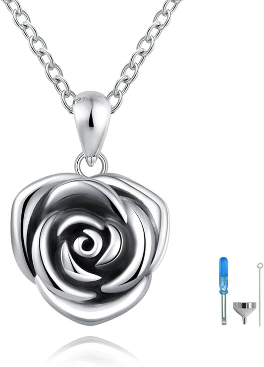 Sterling Silver Rose Flower Cremation Urn Pendant Necklace Keepsake Ashes Memorial Jewelry for Women Oxidized
