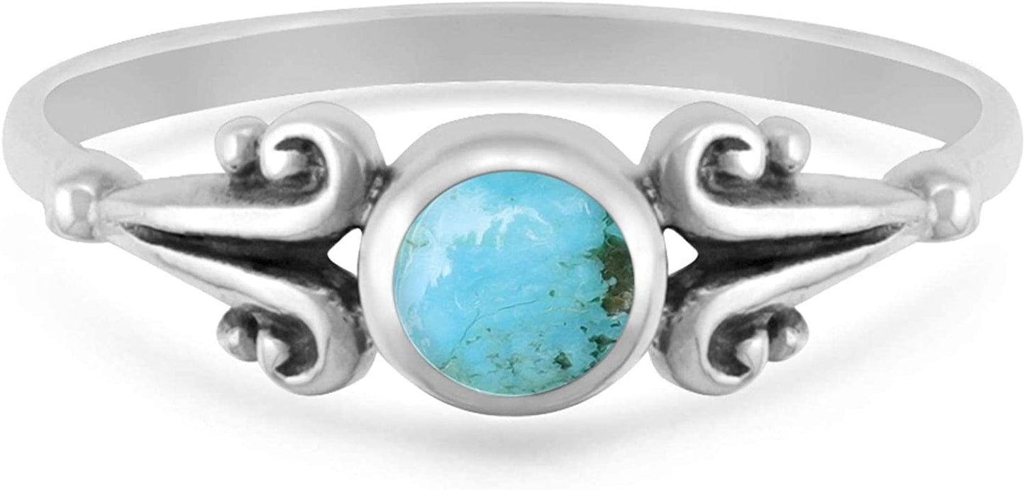 Sterling Silver round Turquoise Ring with Scrolling Side Detail 6
