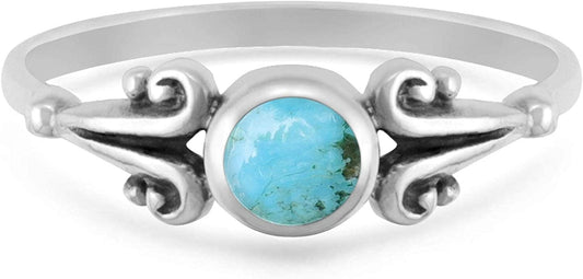 Sterling Silver round Turquoise Ring with Scrolling Side Detail 6