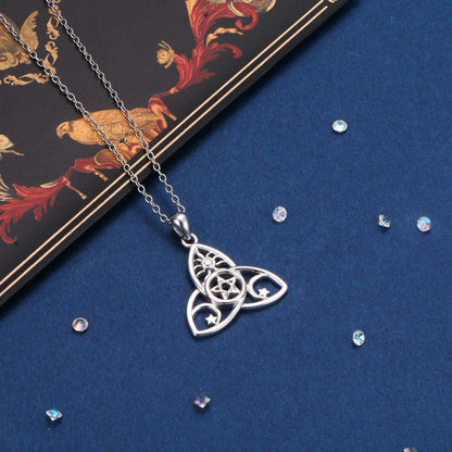 Sterling Silver Triple Moon Goddess Triquetra Pentacle Knot Necklace Pagan Wicca Pendant Necklace or Ring
