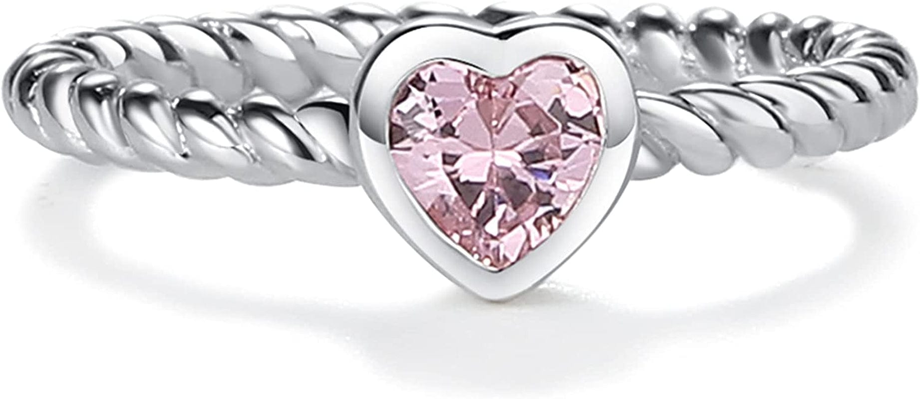 Sterling Silver Twisted Rope Band Baby Ring with Heart, Stackable or Pinky Ring Pink CZ Heart / 4